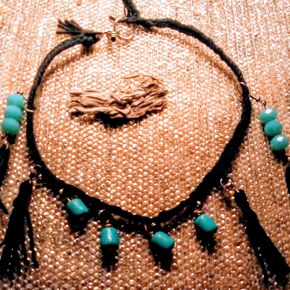 Braided black hemp necklace with turquoise colored beads, earrings, and bracelet - Picture 2 of 2